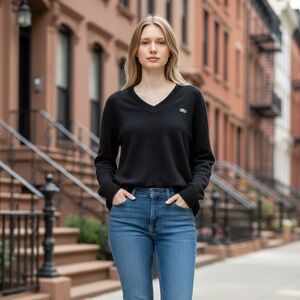 Lacoste Black V Neck Sweater Size 34 Classic Crocodile Logo